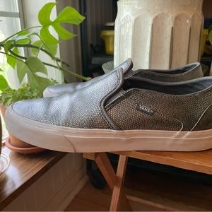 Metallic faux snakeskin van slip ons